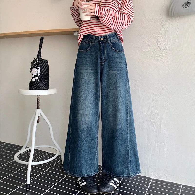 美式复古高腰阔腿牛仔裤女秋季小个子水洗宽松显瘦休闲直筒九分裤