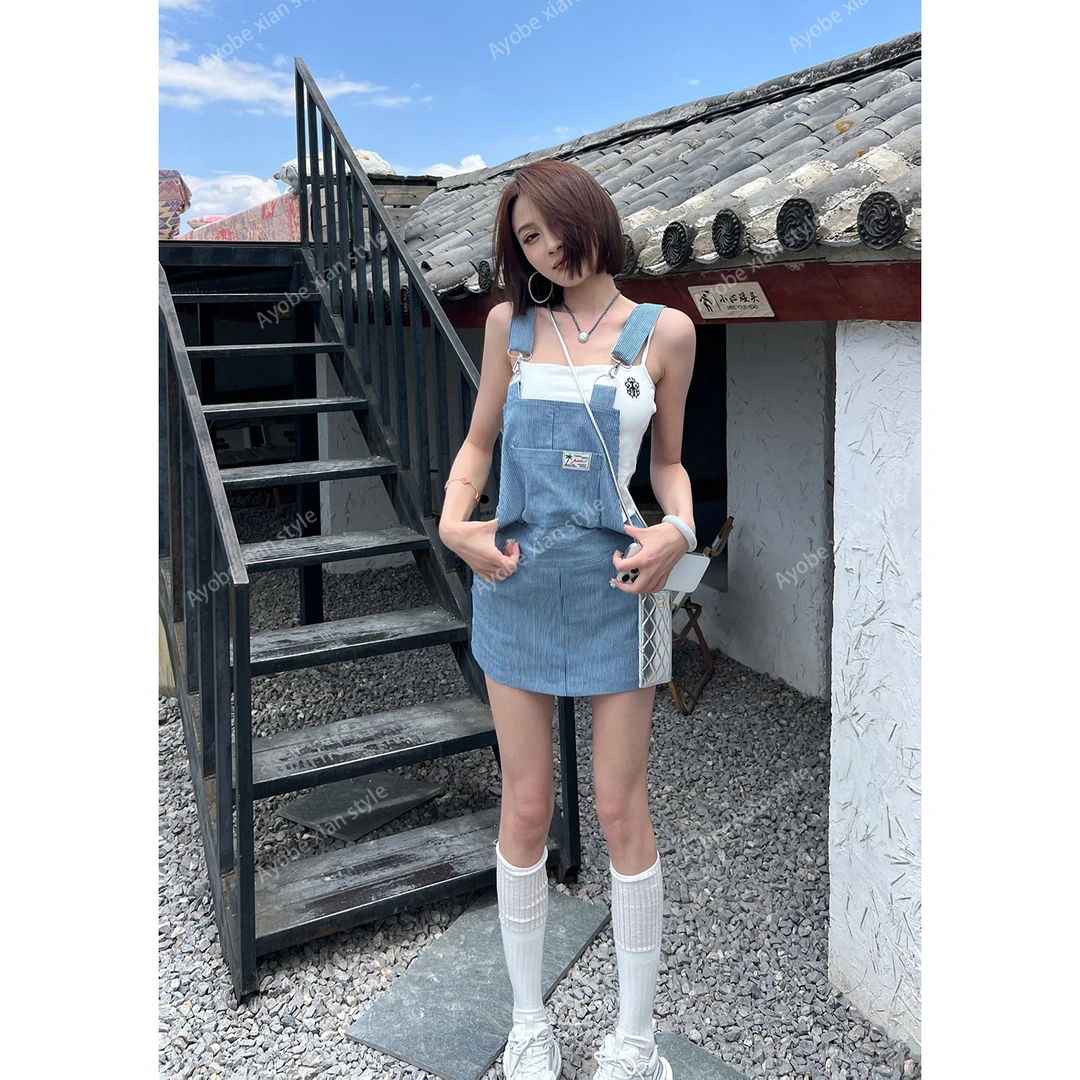 AYOBE小贤/清甜冰椰 甜美辣妹减龄复古条纹背带裤少女感牛仔裙裤