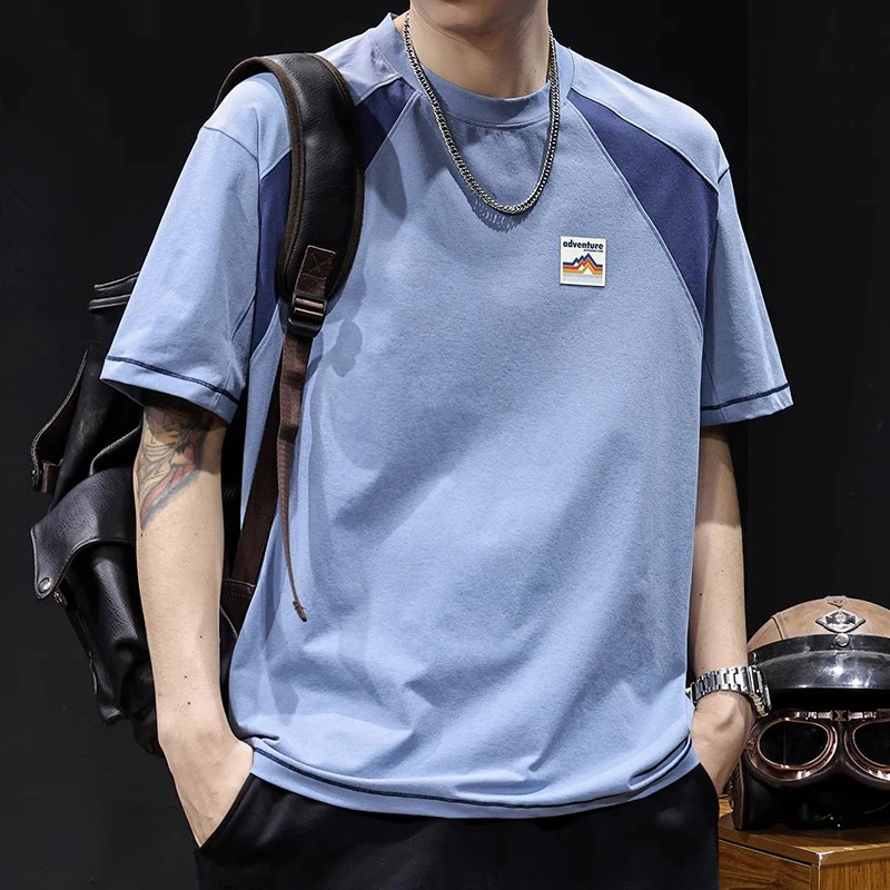 MR.MUDI/穆迪先生美式拼色透气短袖t恤男士大码夏季新款衣服高端