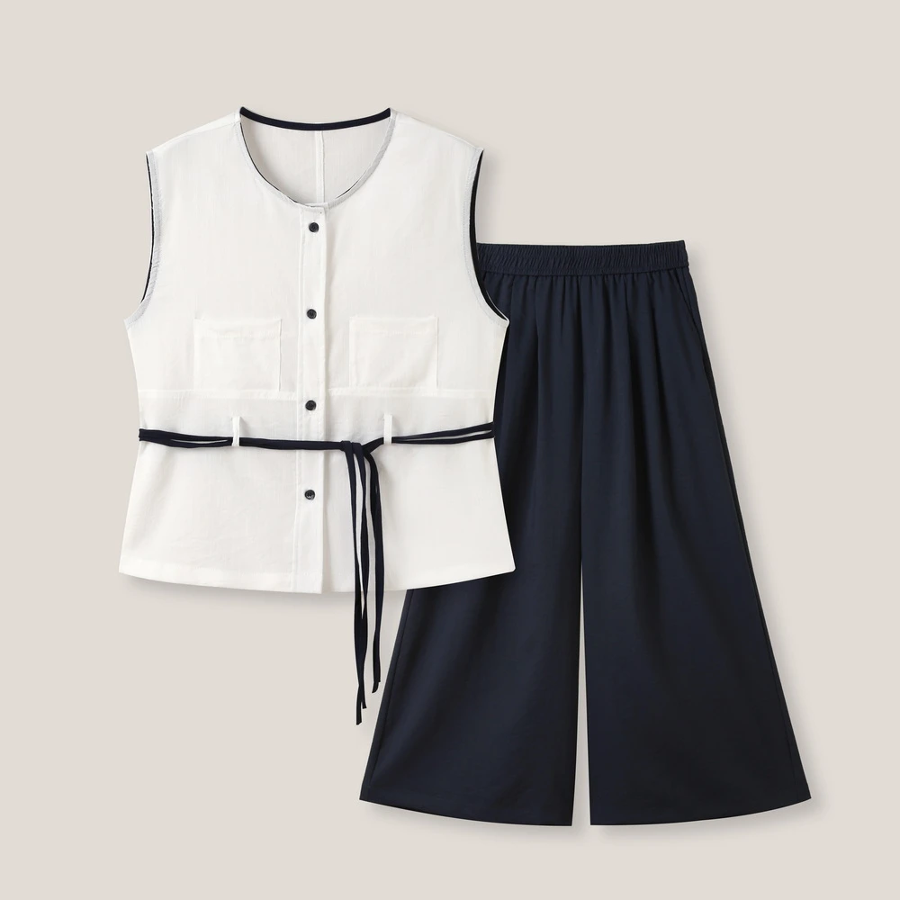 “黑白配”撞色无袖上衣+休闲裤裙裤套装SS26303