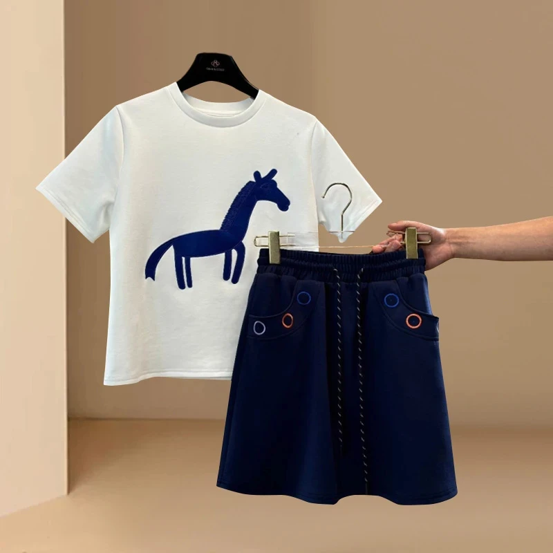 极简风休闲套装女夏季蓝色小马印花白色上衣搭高腰裤裙时尚两件套