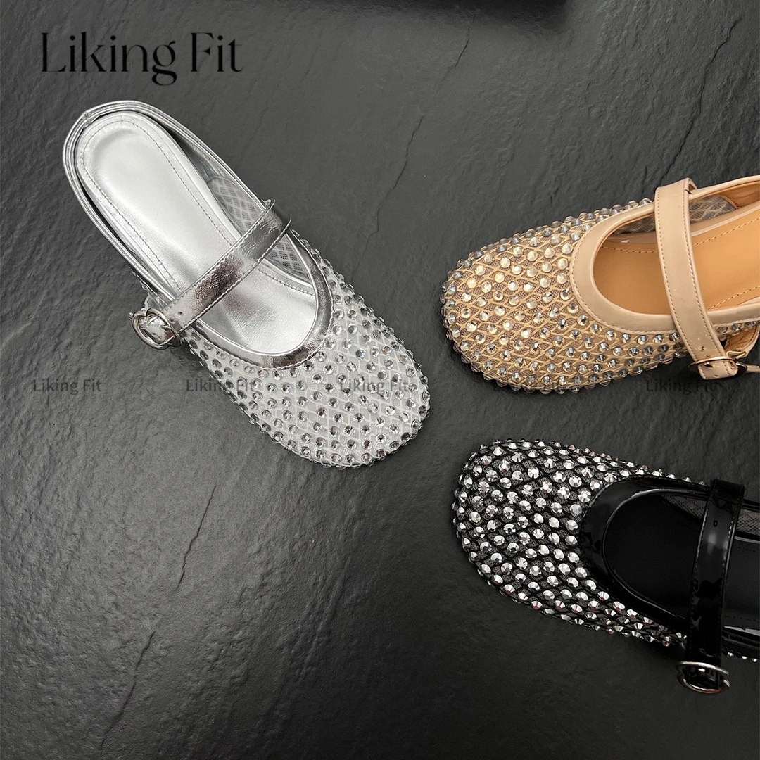 Liking fit/羊皮/3.5cm夏季法式水钻镂空舒适百搭包头拖半拖女