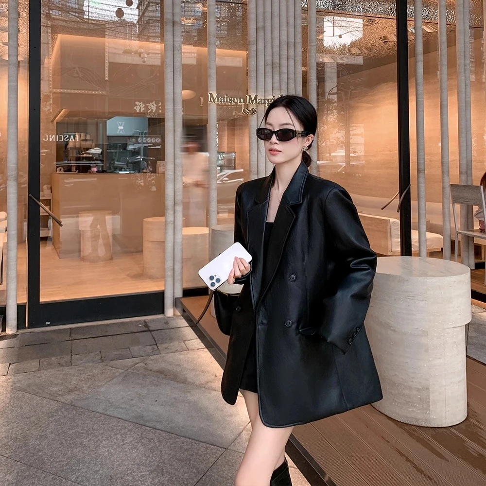 无腰带2025秋冬黑色复古PU皮衣西装外套女新款宽松休闲气质炸街