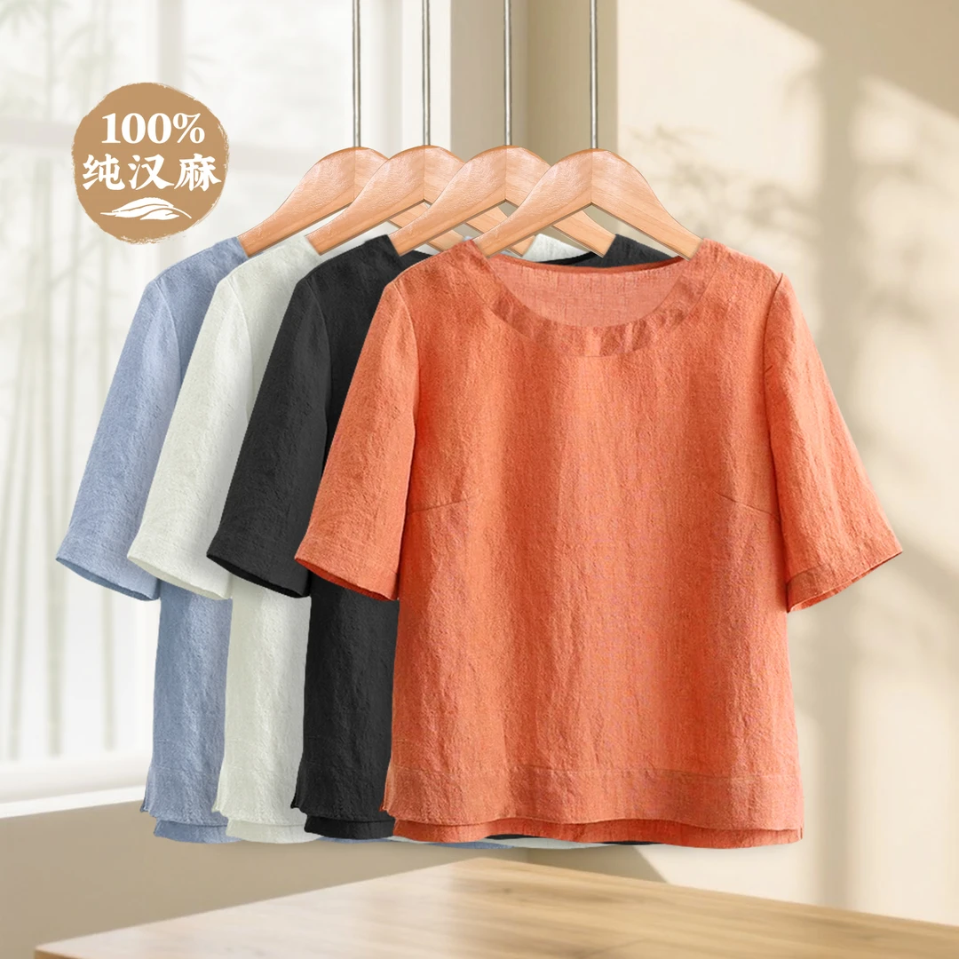 100%重磅汉麻24支圆领套头小衫夏季极简国风纯色百搭