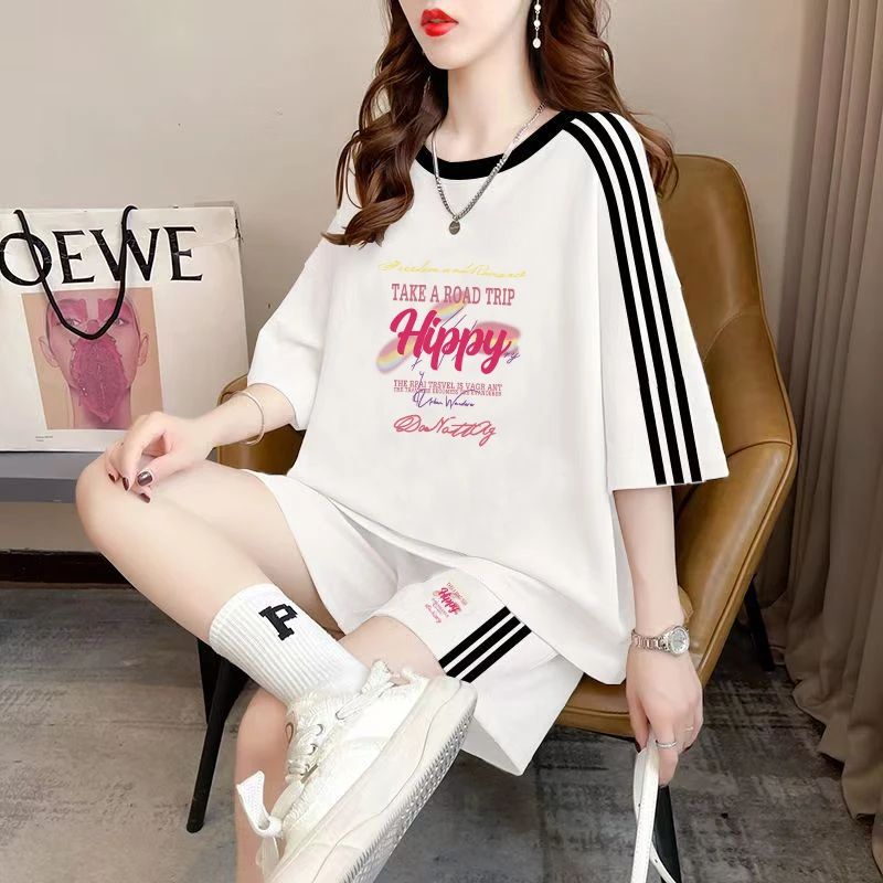 条纹运动休闲套装女2025夏季新款韩版时尚洋气宽松短袖短裤两件套