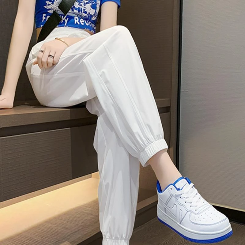 白色冰丝运动裤女夏季薄款宽松高腰2025新款八分小个子速干休闲裤