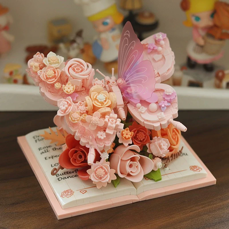 蝴蝶积木永生花创意立体书本小颗粒拼装玩具情人节生日礼物送女生