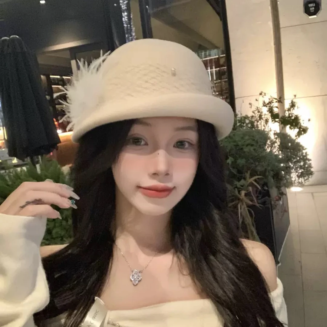 贵气千金风羊毛盆帽秋冬新款网纱羽毛装饰女法式复古礼帽贝雷帽