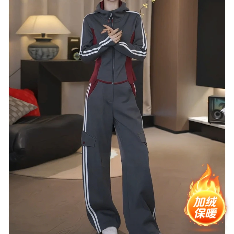 【AS普拉提】灰色运动加绒套装女士春秋韩版连帽卫衣阔腿裤两件套