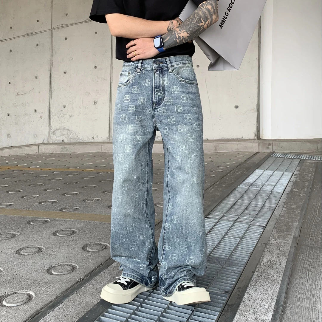 【宽松直筒】美式潮牌男士牛仔裤个性烫钻设计感男女同款长裤子浅色