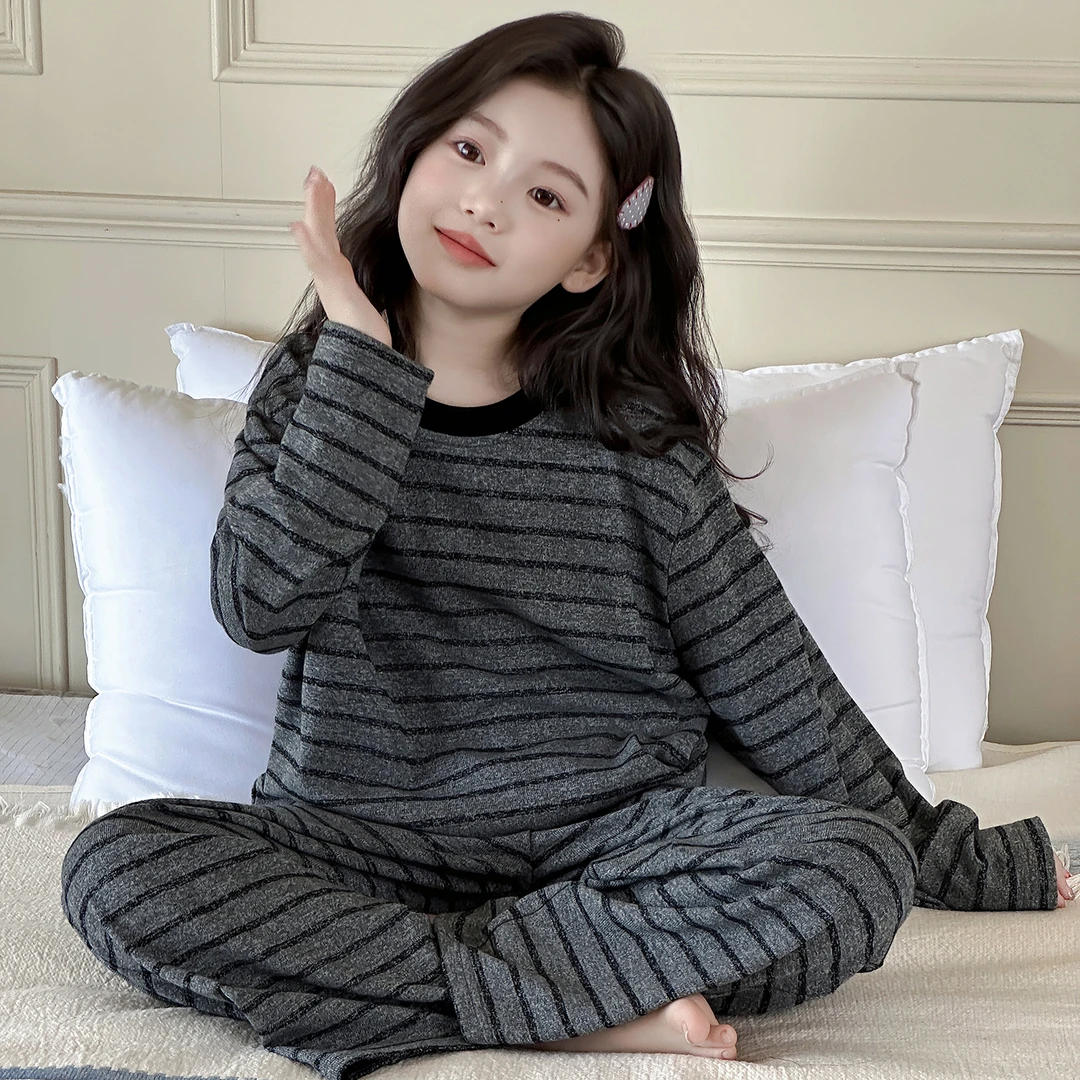 儿童睡衣春秋韩系简约条纹家居服慵懒休闲可外穿长袖空调服套装潮