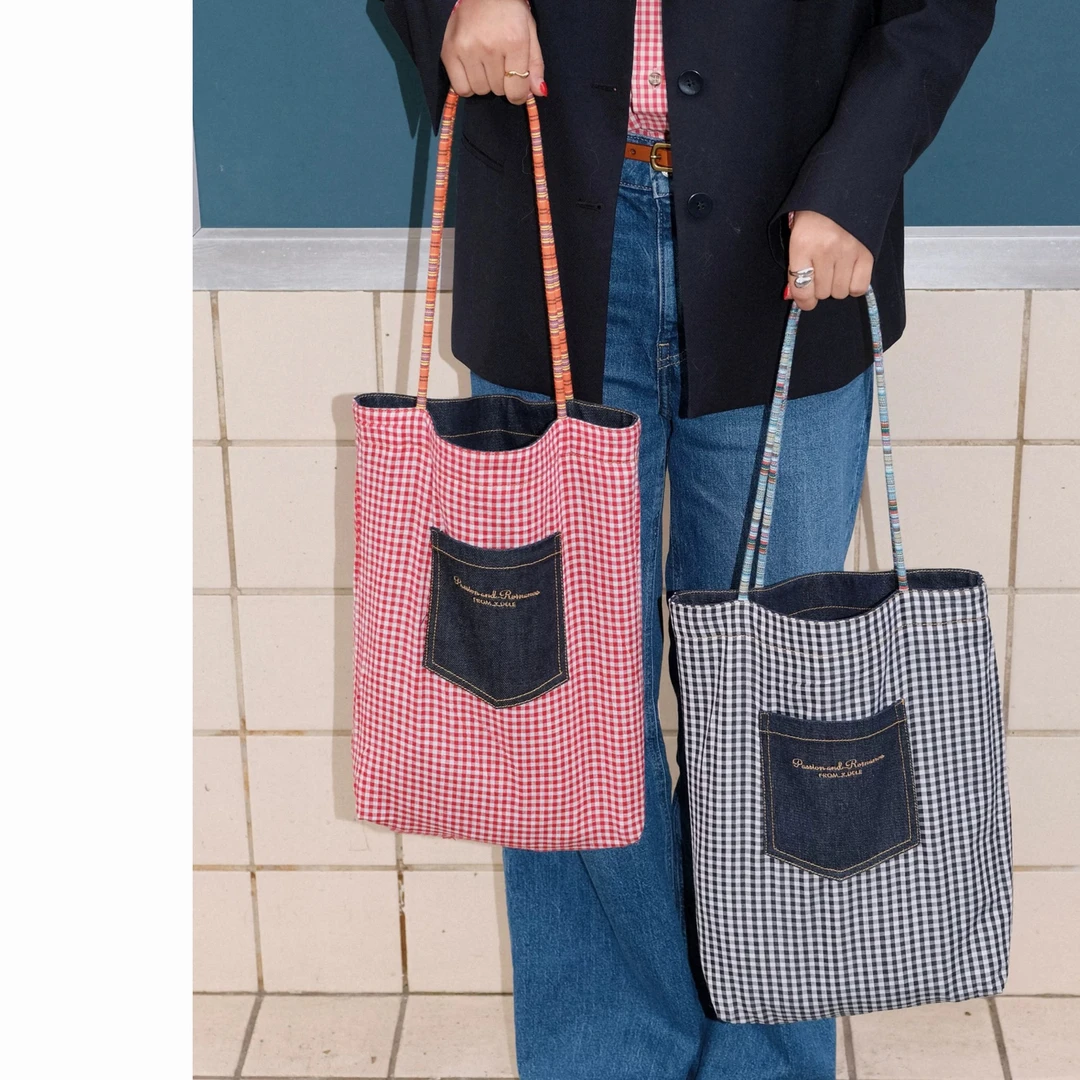 「双面牛仔包」红/黑格纹内衬美式复古清冷感通勤牛仔包