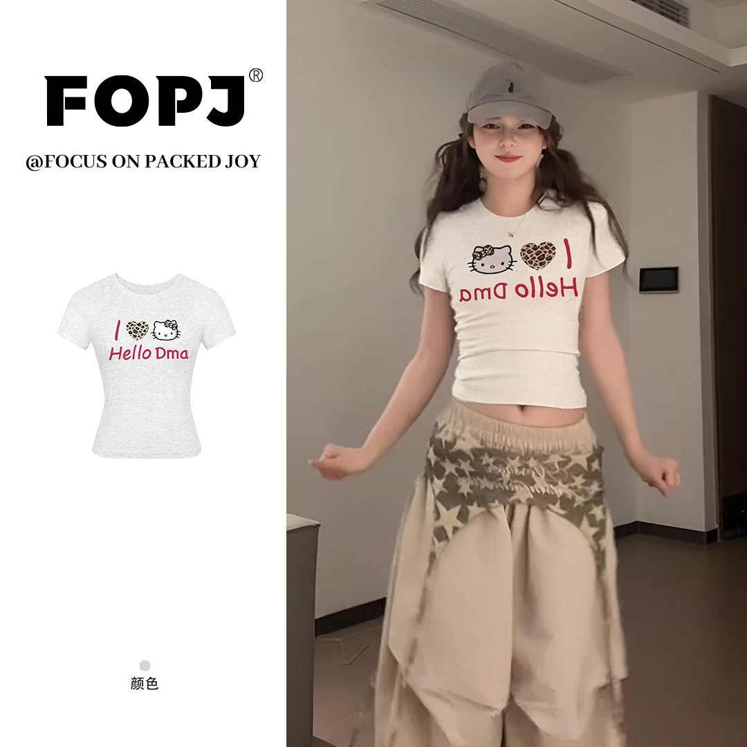 FOPJ夏季新款美式穿搭圆领短袖女t恤正肩修身显瘦高级感辣妹上衣