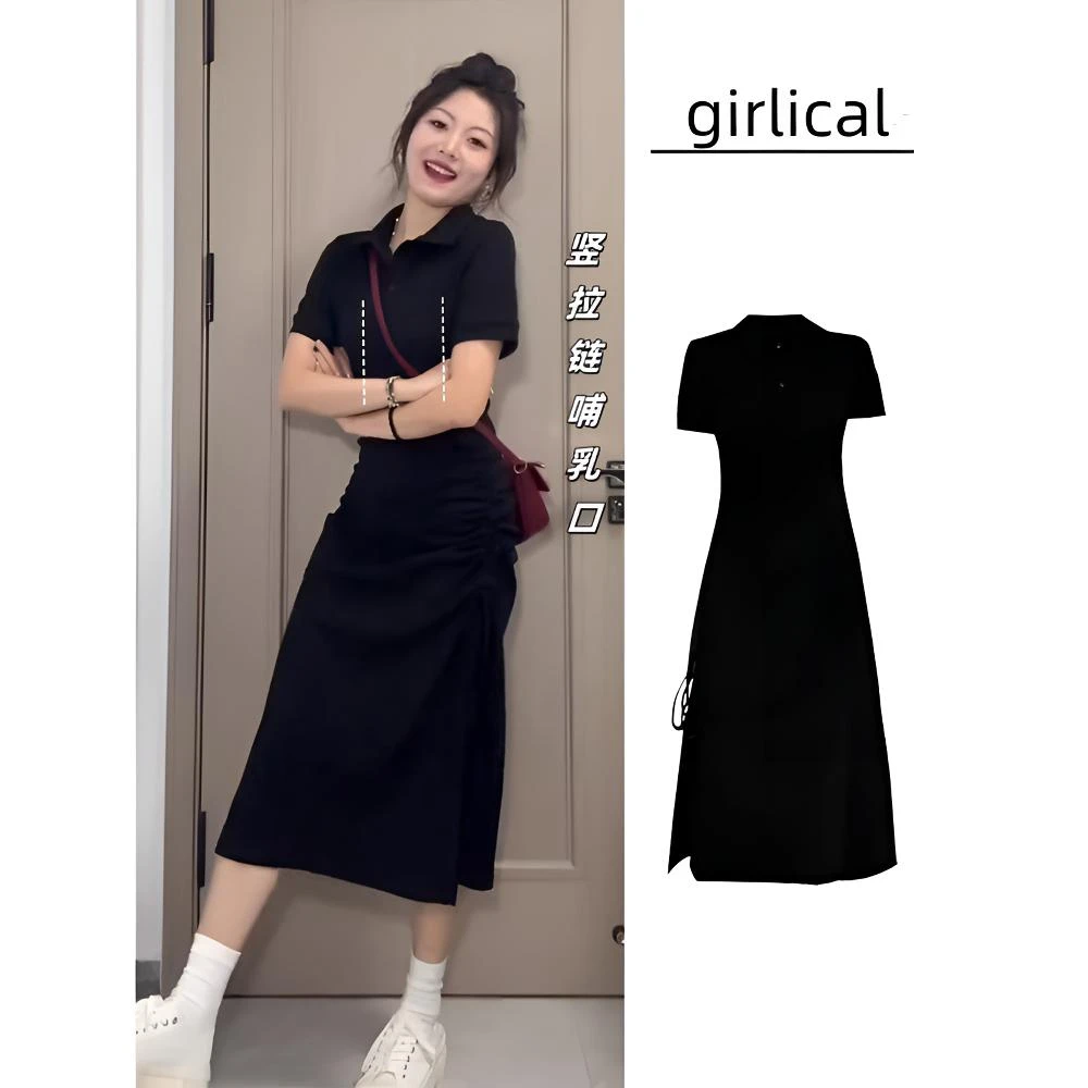 超显瘦哺乳连衣裙夏季外出辣妈款产后Polo领喂奶衣服收腰短袖长裙