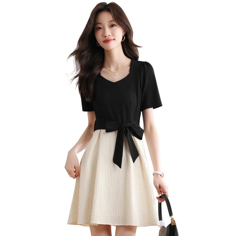 高级感黑色拼接连衣裙女2025夏季新款时尚收腰显瘦假两件a字裙子