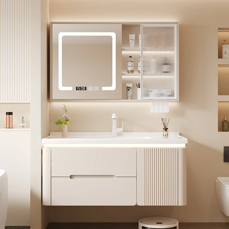 奶油风橡木烤漆门板浴室柜组合陶瓷一体盆洗漱台卫生间洗手洗脸盆