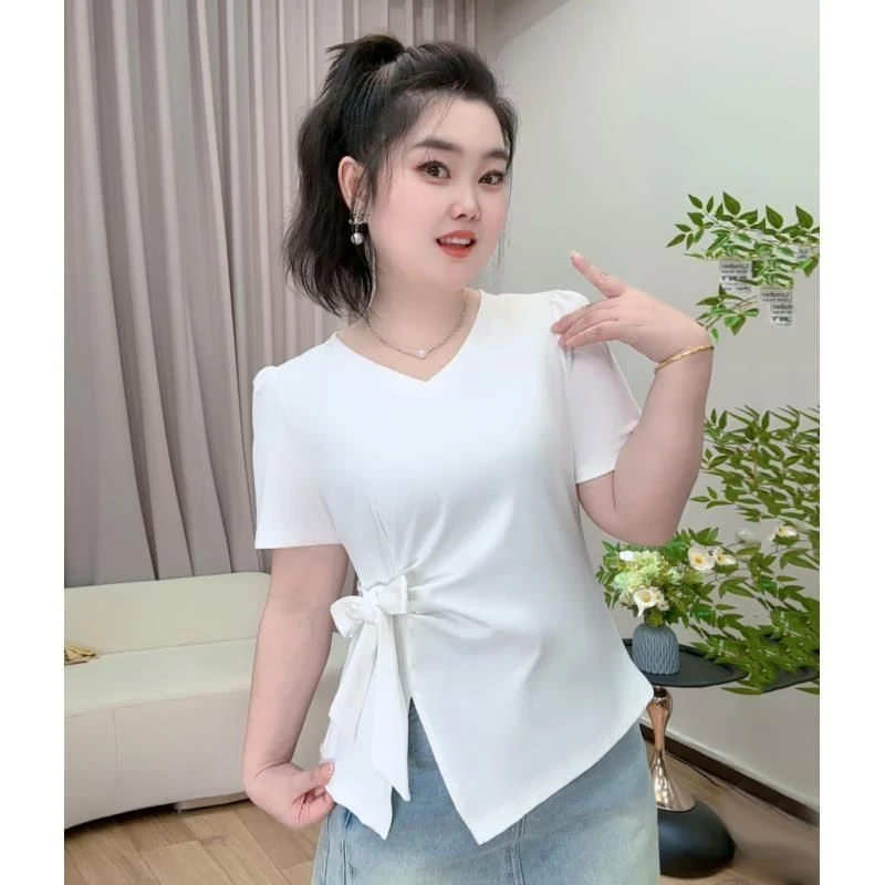 大码白色韩系V领短袖T恤女装百搭小众不规则收腰系带遮肉上衣时尚