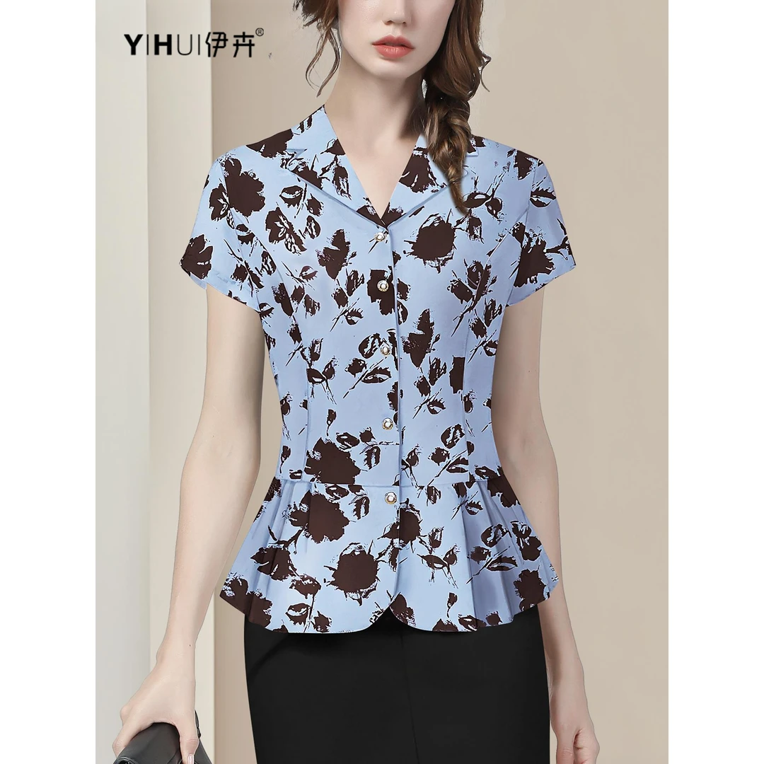 YIHUI伊卉夏季印花弹力衬衫上衣女短袖洋气打底衫修身SE256519