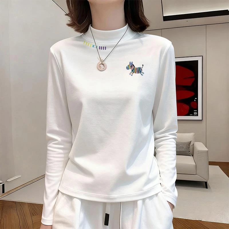 2025秋冬小众韩系德绒时尚洋气休闲半高领保暖长袖T恤百搭打底ins