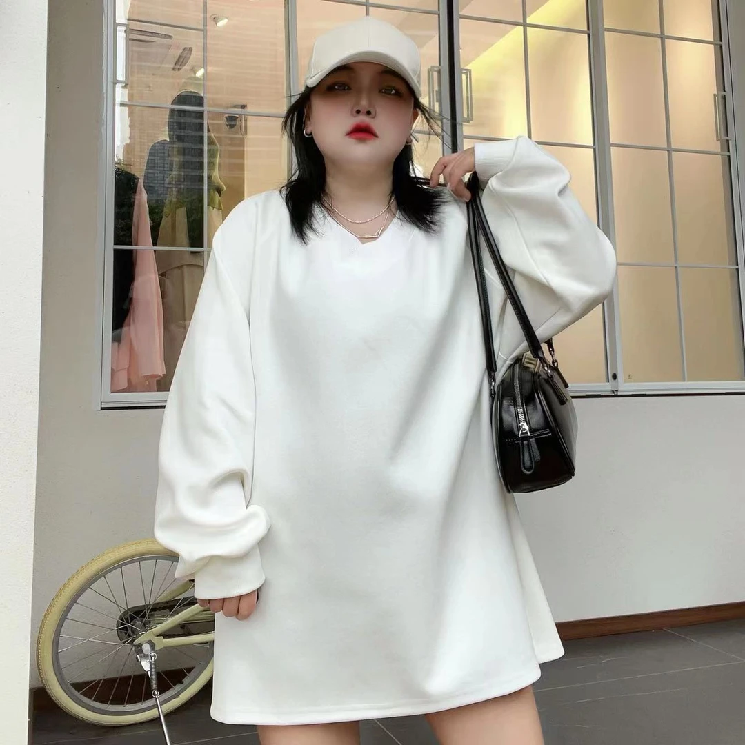 2-300斤纯色V领中长款大码卫衣女春季胖MM洋气宽松显瘦百搭上衣