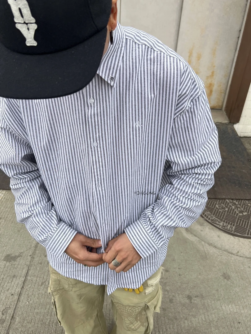 大葱美式复古高智感条纹长袖衬衣男女宽松休闲衬衫cleanfit上衣潮