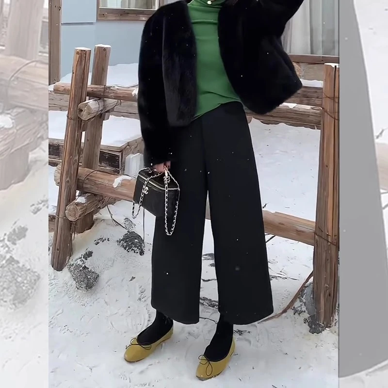 冬加绒加厚小个子宽松直筒裤休闲洋气奶奶裤高端八分毛呢阔腿裤女