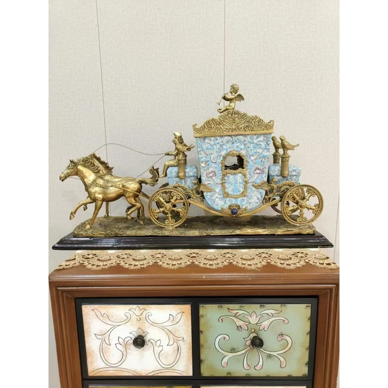 铜配瓷天蓝色莲花纹马拉车摆件1326C