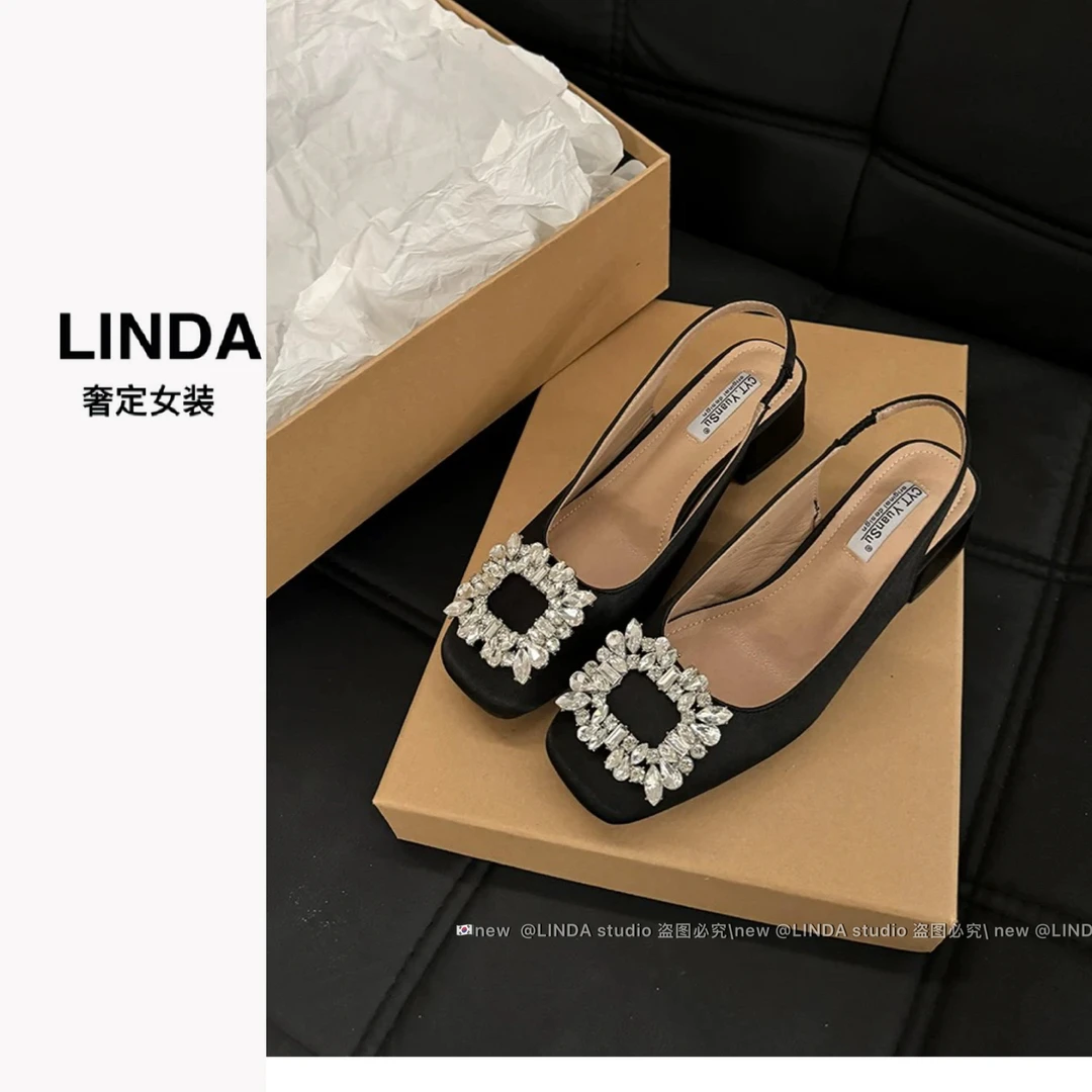 【大方钻 鞋】粗跟包头凉鞋后空浅口女鞋夏高级感水钻气质法式单鞋