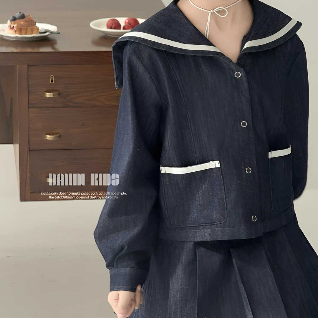 【嗒囜】女童25春季新款学院风海军领牛仔外套儿童百搭洋气翻领上衣