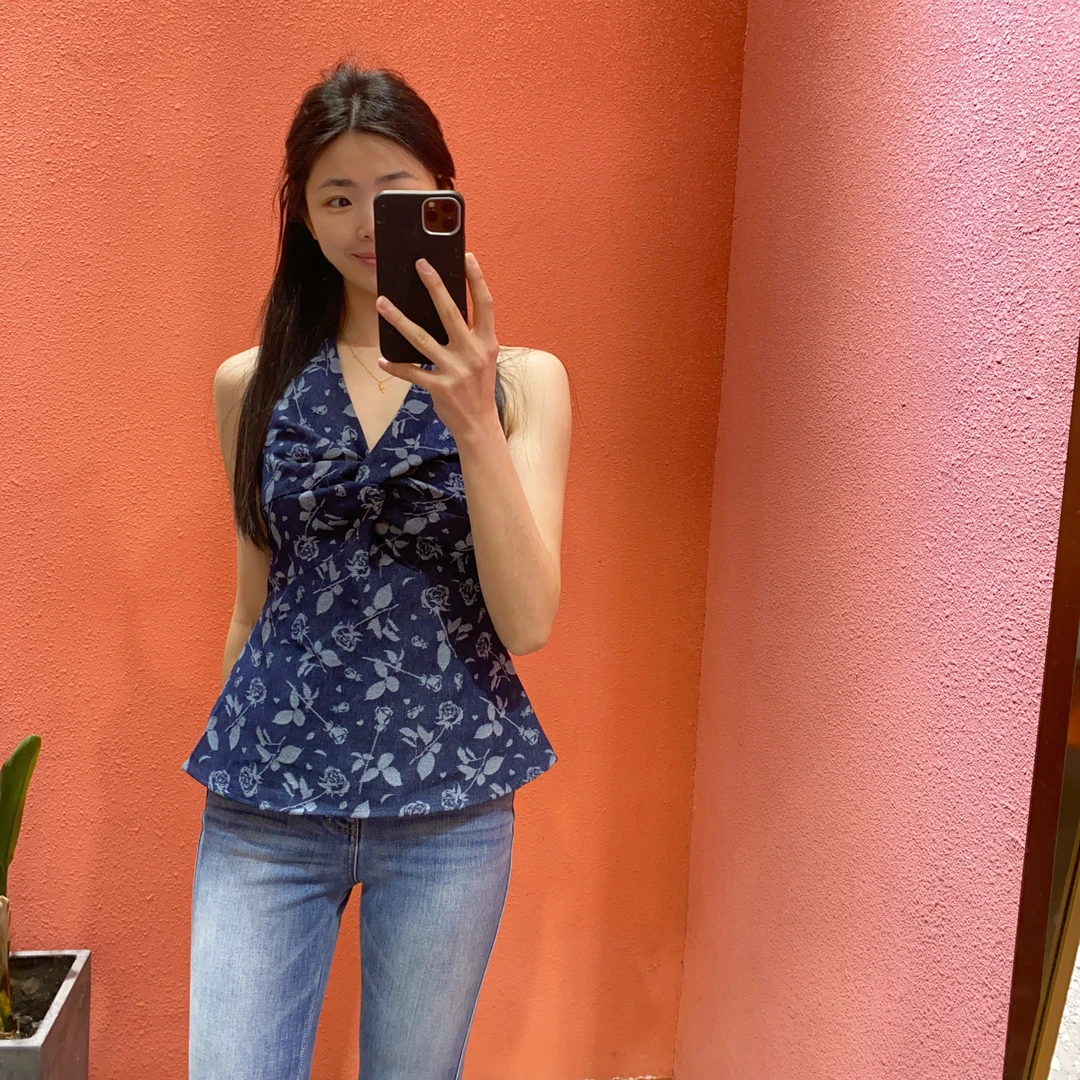 （默茗服装）海椰假日牛仔挂脖上衣