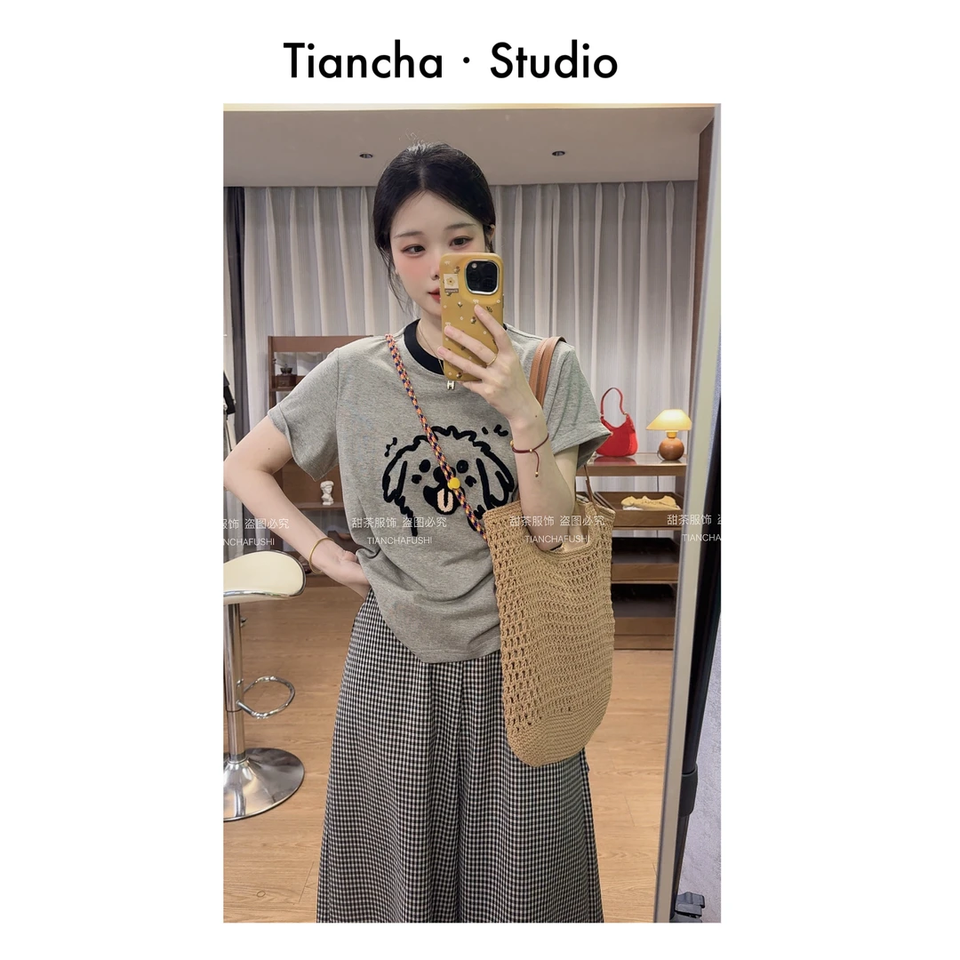 sweet c【调皮狗】M738#夏季T恤正肩韩版刺绣ins百搭