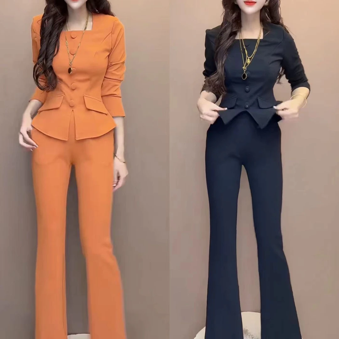 气质时尚套装女2025春季新款上衣微喇裤两件套潮1001