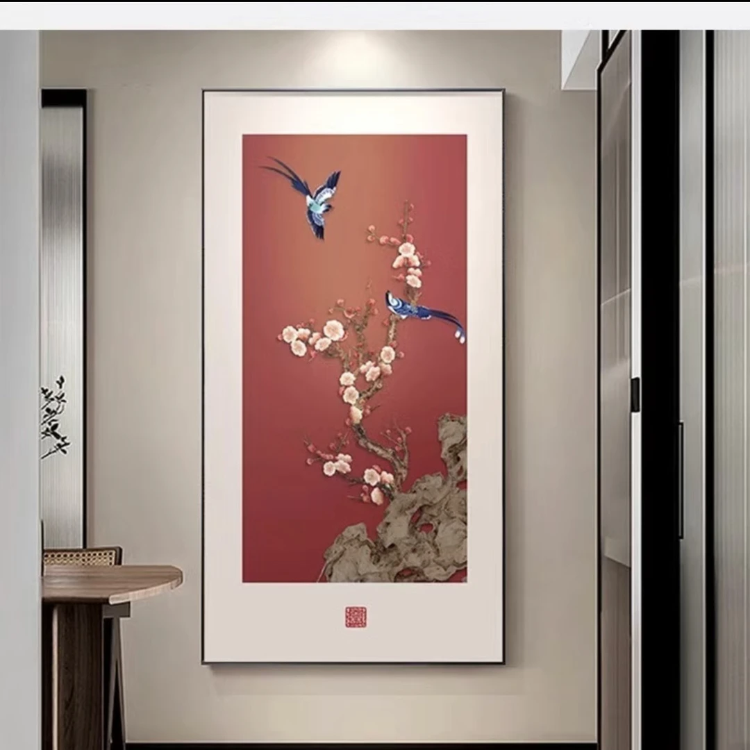 喜上眉梢新中式玄关挂画红色喜庆背景墙装饰画