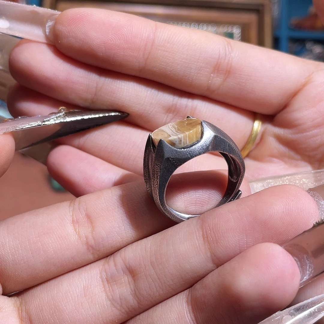 琥珀银S925镶嵌戒指