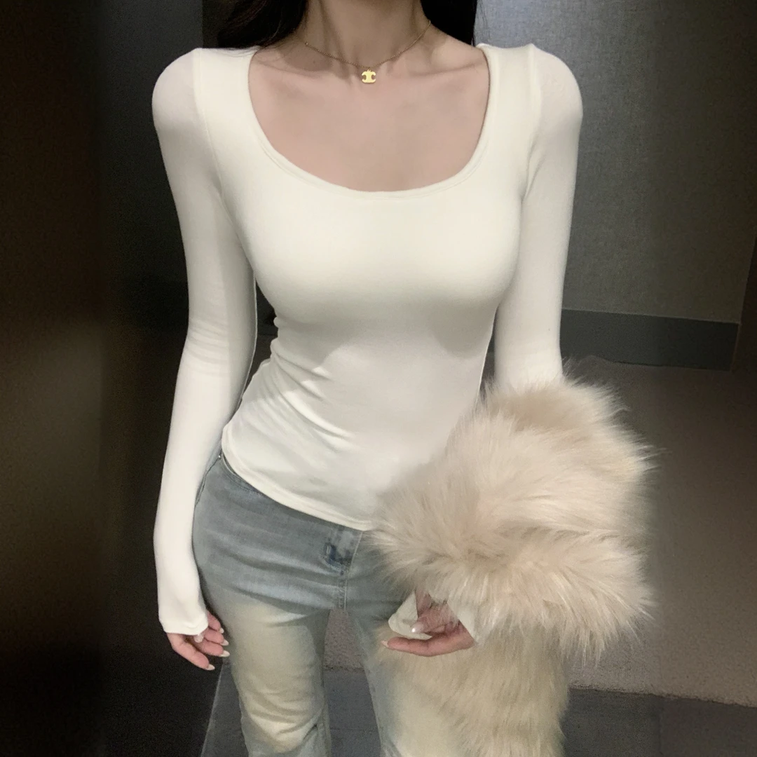 【带可拆卸胸垫】出门舒适主义 纯欲风方领显身材显瘦内搭早秋长袖