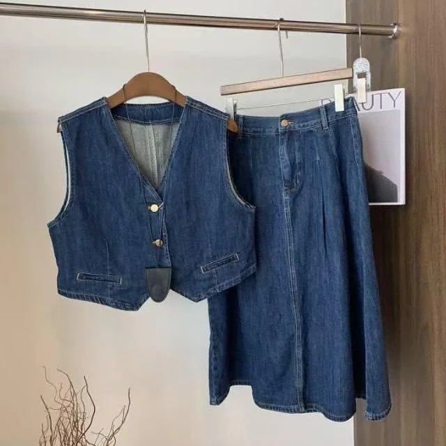 门店75&9！重磅漂染！可盐可甜/叠穿背心全棉牛仔半裙套装C20760