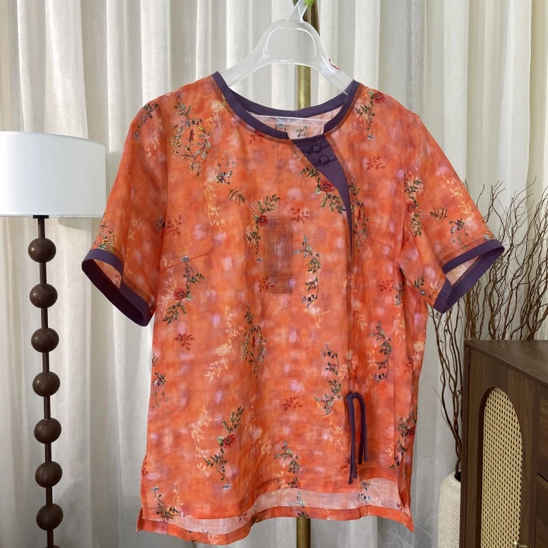 苎麻圆领T恤上衣21X011