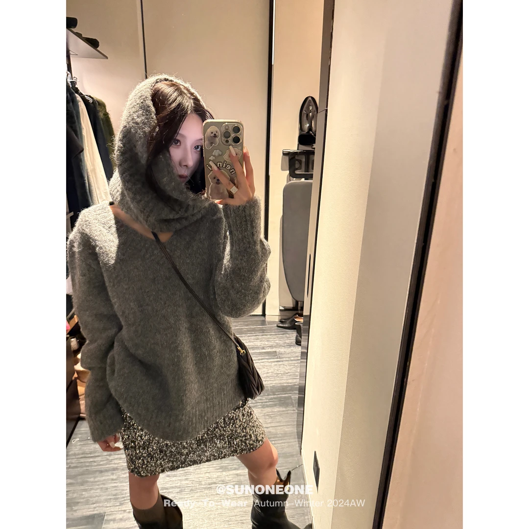 SUNONEONE 宽松脖套V领毛衣女冬加厚小个子慵懒中长款上衣H0787Z