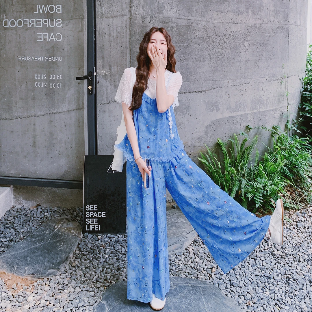 休闲甜美风宽松碎花吊带上衣阔腿裤套装女2025夏季新款百搭三件套