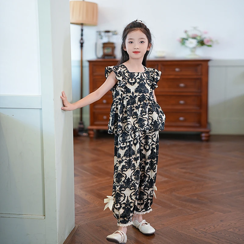 女童套装2025夏季新款洋气中大童黑色花朵衣服薄款夏装两件套童装