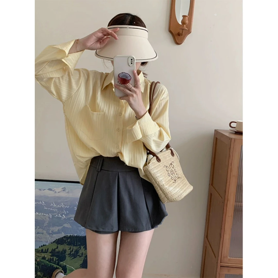 慵懒简约肌理感小众单排扣女百搭韩版长袖宽松衬衫外套女2217#0.1