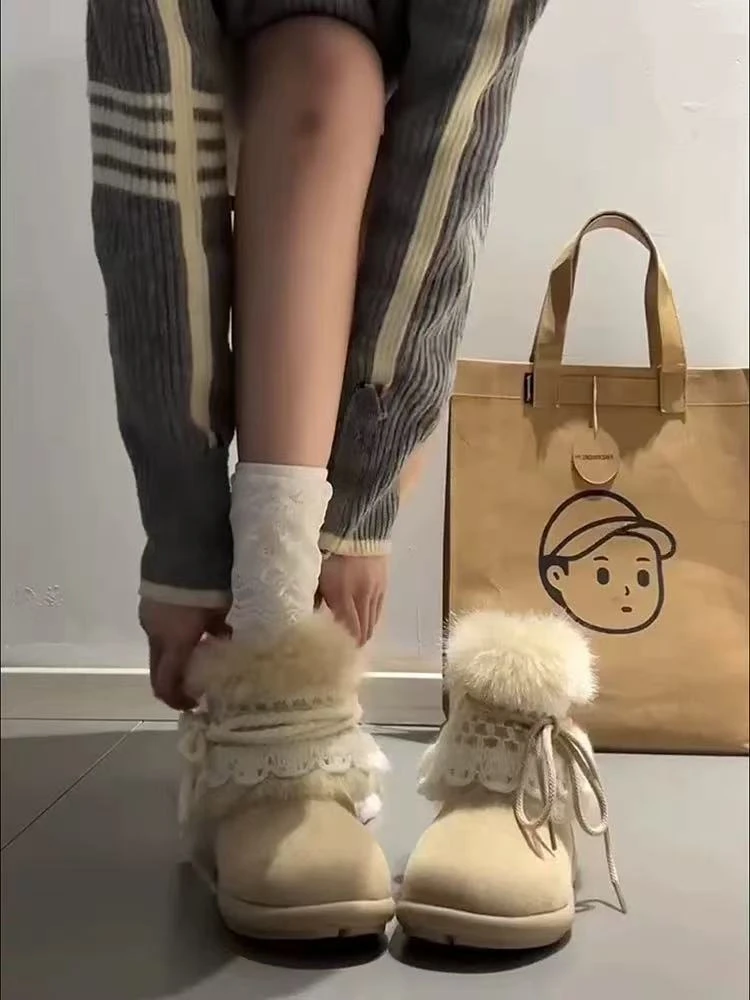 三福雪地靴子女秋冬季2025年新款加绒短靴厚底辣妹风中筒保暖棉鞋