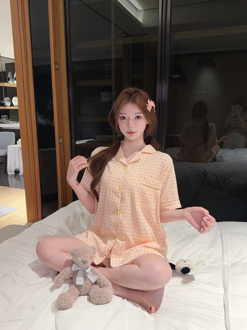 夏季橘色大码家居服套装短裤短袖格子睡衣薄款日系宽松少女甜美