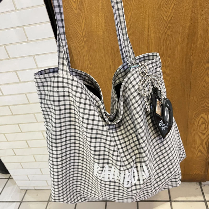 韩系ins大容量托特包包女2025新款格子通勤托特包简约单肩手提包