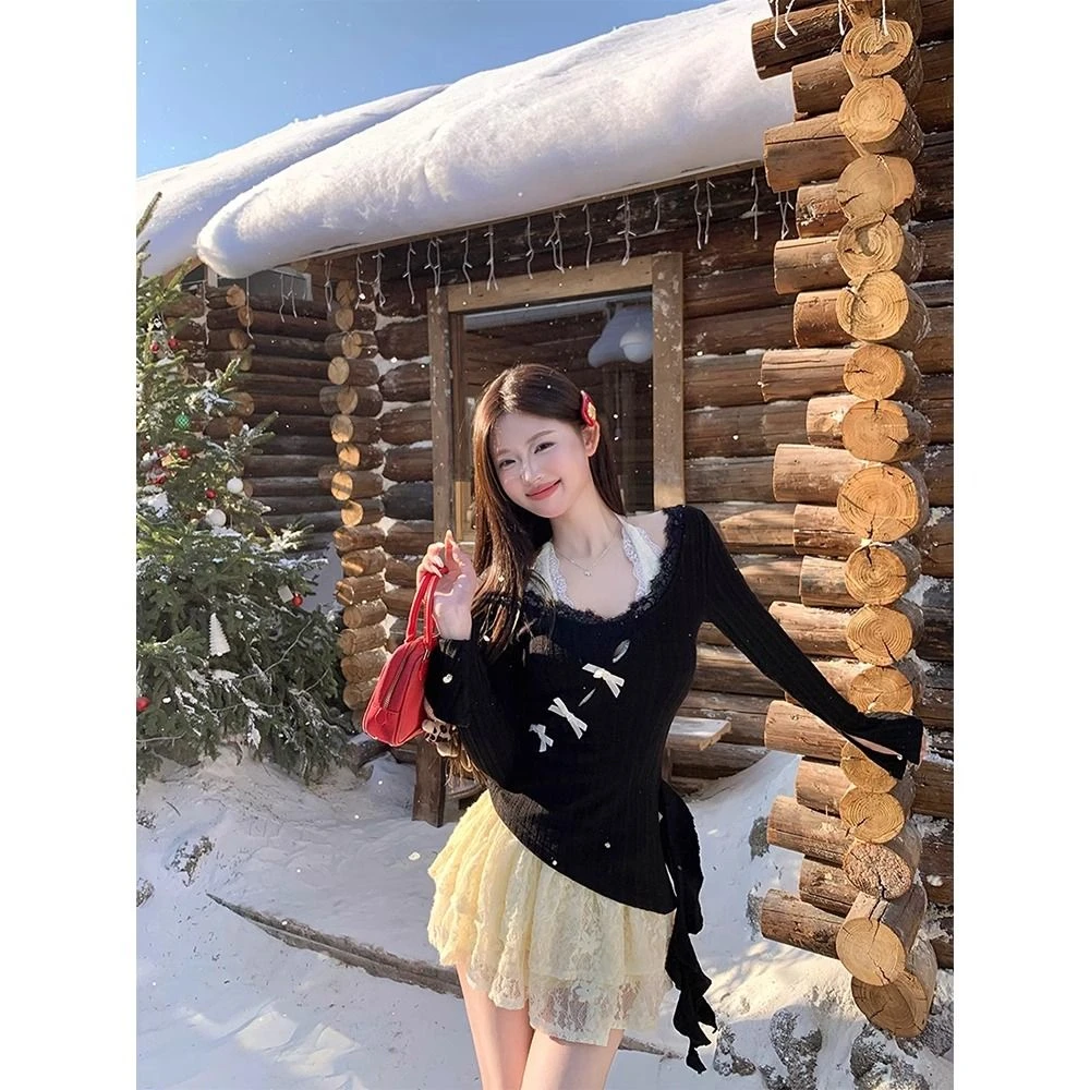 2025新年春款小个子纯欲风高级感长袖罩衫蕾丝连衣裙子两件套装女