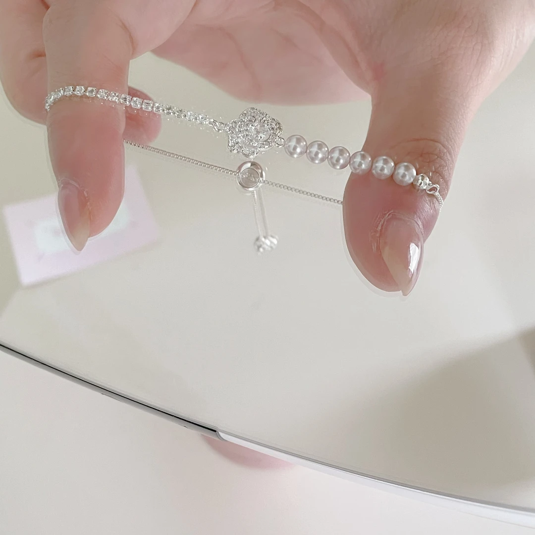 铜合金手链 S0524 镂空满钻花朵珍珠轻奢优雅气质百搭可调节手饰