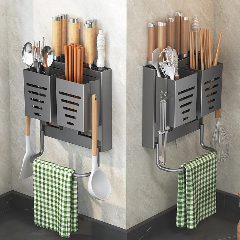 刀架壁挂式免打孔厨房用品多功能菜刀置物架刀具筷子筒一体收纳架