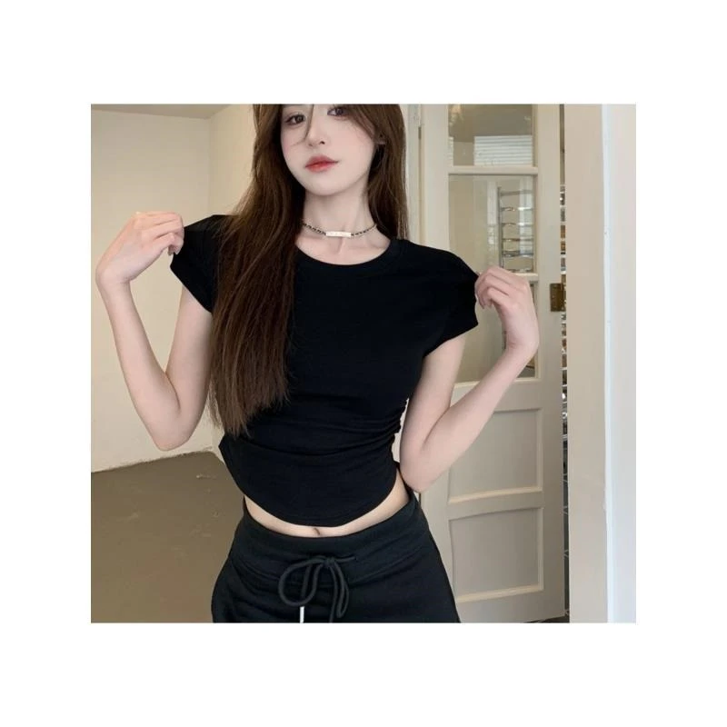 甜辣t恤肩上衣女正短袖短款夏季卡腰新款美式显瘦收腰百搭设计感