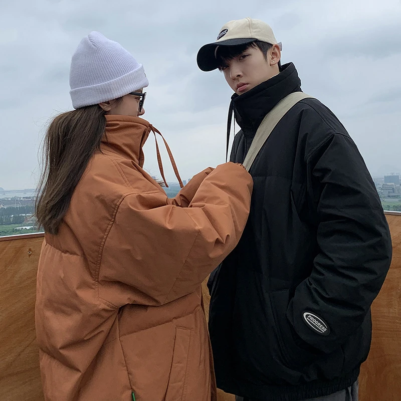 白鸭绒情侣羽绒服男冬季潮牌宽松百搭立领羽绒衣港风保暖拉链外套