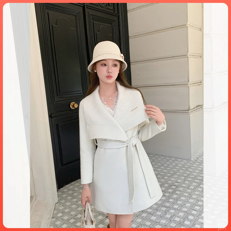 新款时尚白色冬韩系优雅中长款收腰外套女款高级感2025双面呢大衣